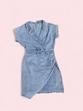Denim Mini Dress With Asymmetrical  Ruched Skirt Size Small